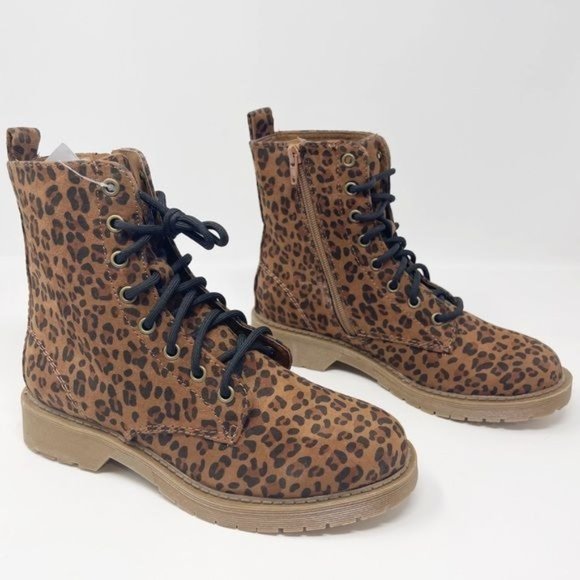Time and Tru Shoes - TIME AND TRU Leopard Print Lace Up Moto Boots